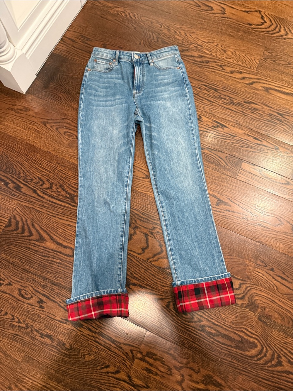Alice + Olivia Light Wash Straight-Leg Jeans with Red Plaid Cuff